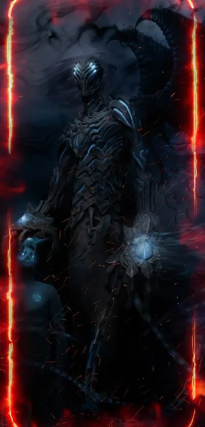 Dark sci-fi warrior in detailed armor with a mystical aura.