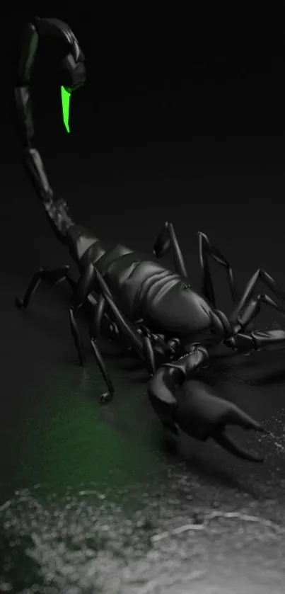 Realistic black scorpion with a glowing green sting on a dark background.