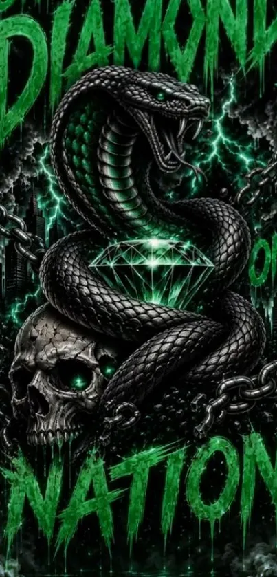 Dark-themed wallpaper with snake, skull, and green hues.