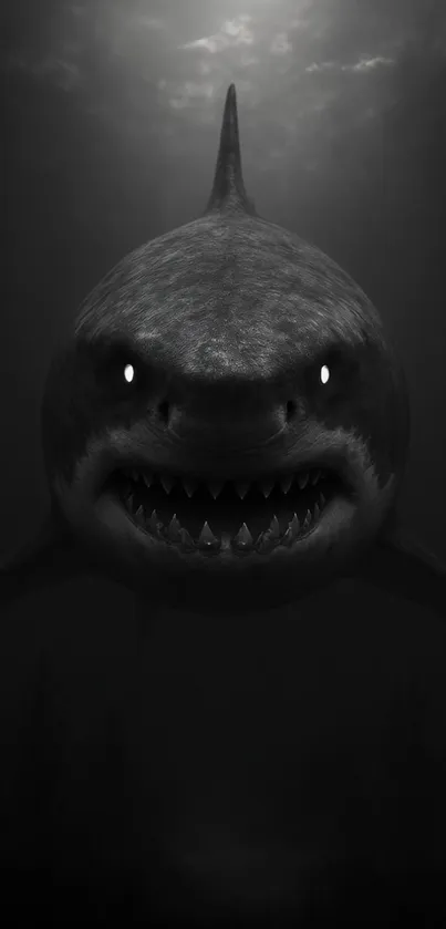 Dark and intense shark in deep ocean shadows.
