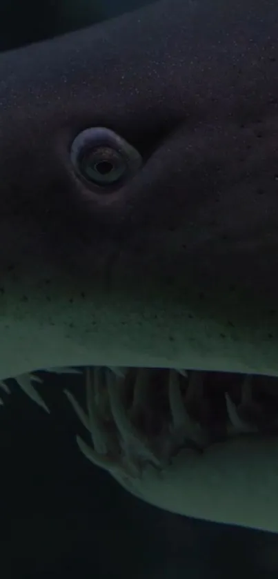 Close-up of shark's head in dark ocean waters.