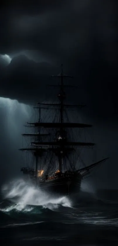 Dark ship sailing in a stormy ocean at night.