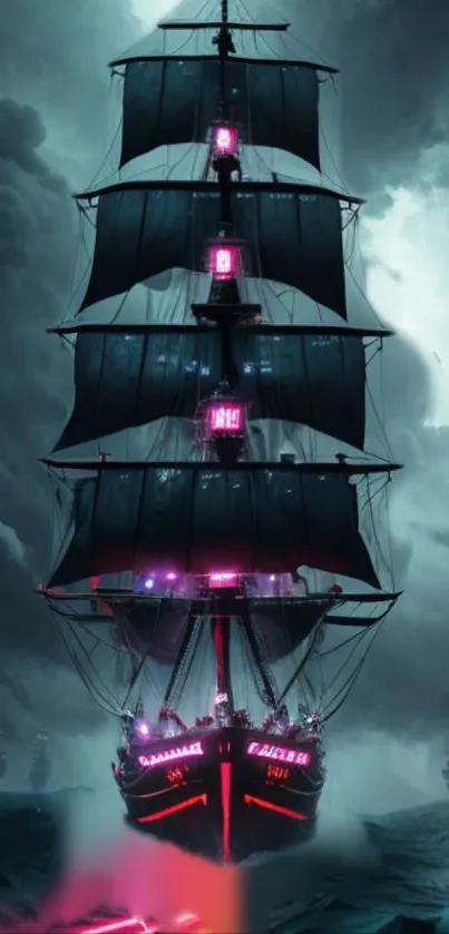 Dark ship with red lights in a stormy sea.