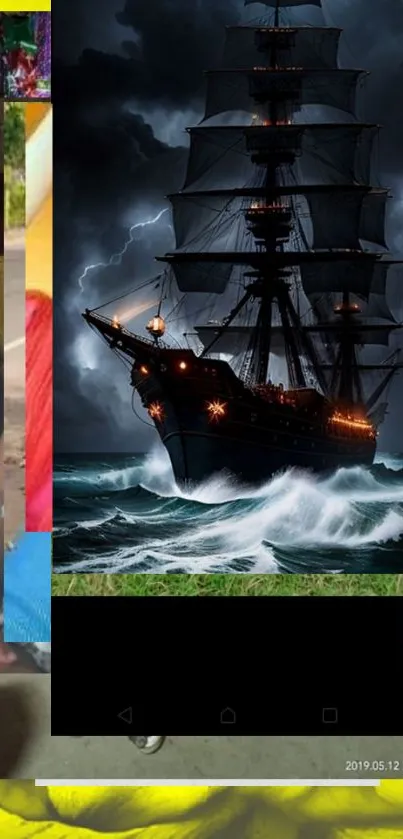 Dark pirate ship in stormy seas with vibrant waves and lightning.