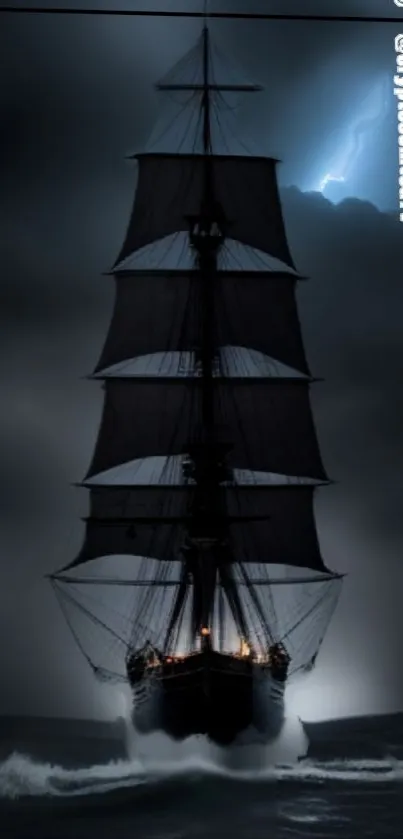 Silhouette of a dark ship sailing in a stormy night with a lightning backdrop.