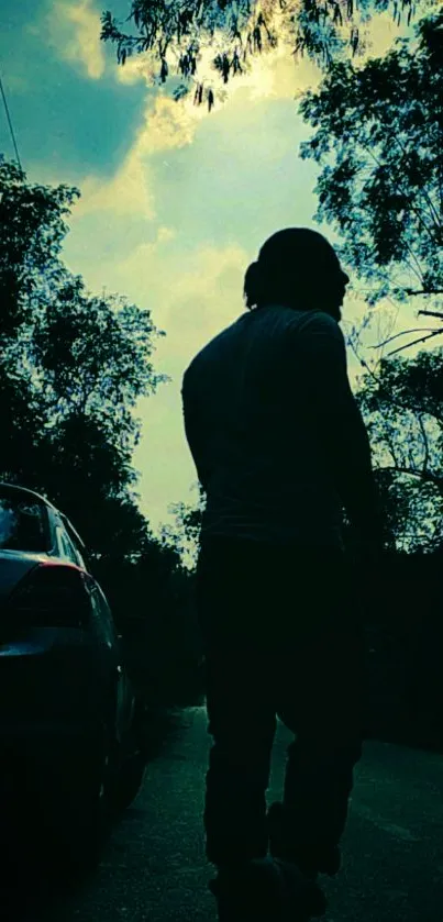 Silhouette of a person walking by a car at sunset with trees surrounding.