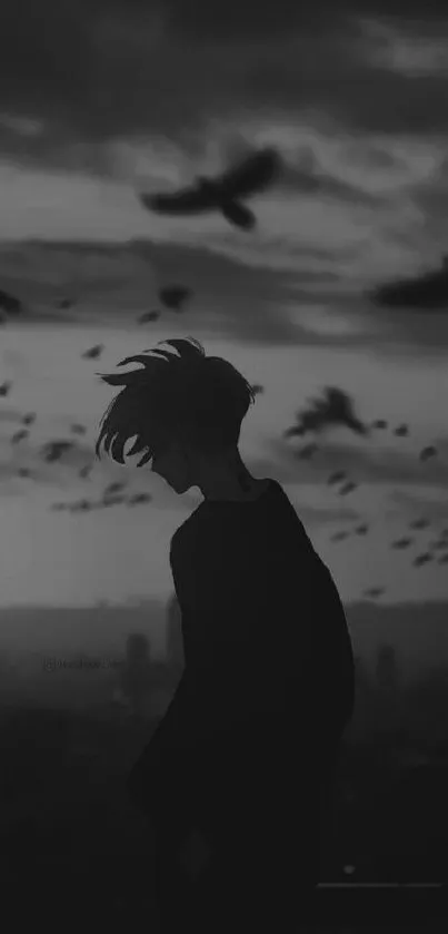 Anime silhouette with birds in dark sky wallpaper.