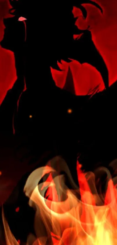 Silhouette of a demon in red backdrop.