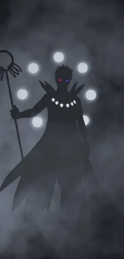 Dark silhouette of hero with glowing eyes in foggy background.