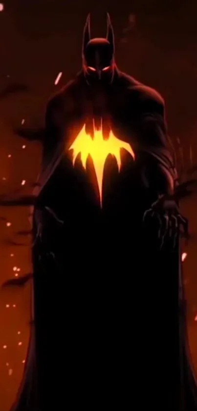 Mysterious dark silhouette with glowing orange emblem in mobile wallpaper.