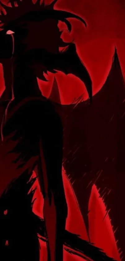 Dark silhouette with wings on red background wallpaper.