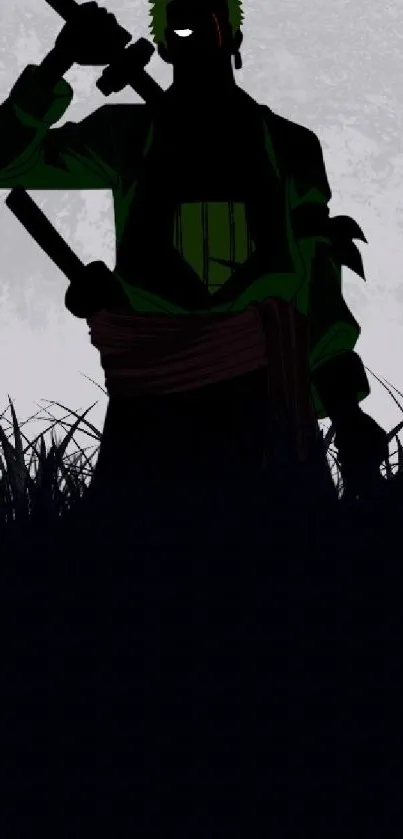 Dark green silhouette of a samurai on textured background.