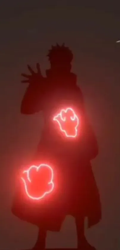 Dark silhouette with red glowing signs on a mobile wallpaper.