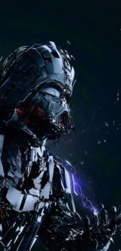 Sith Lord with dark armor and lightning in a sci-fi setting.