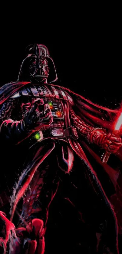 Dark Sith Lord with red lightsaber in dynamic pose against black background.