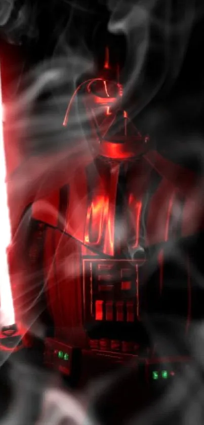 Sith Lord with glowing red lightsaber surrounded by smoke.