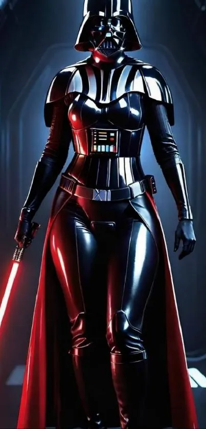 Helmeted warrior with red lightsaber in a futuristic setting.