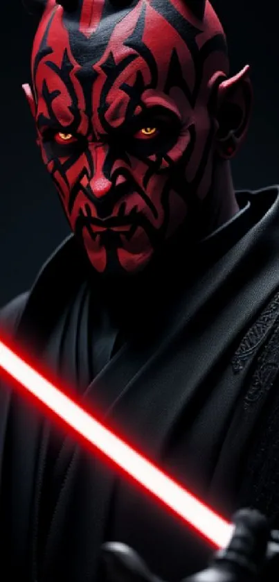 Sith character with red lightsaber and tattoos on dark background.