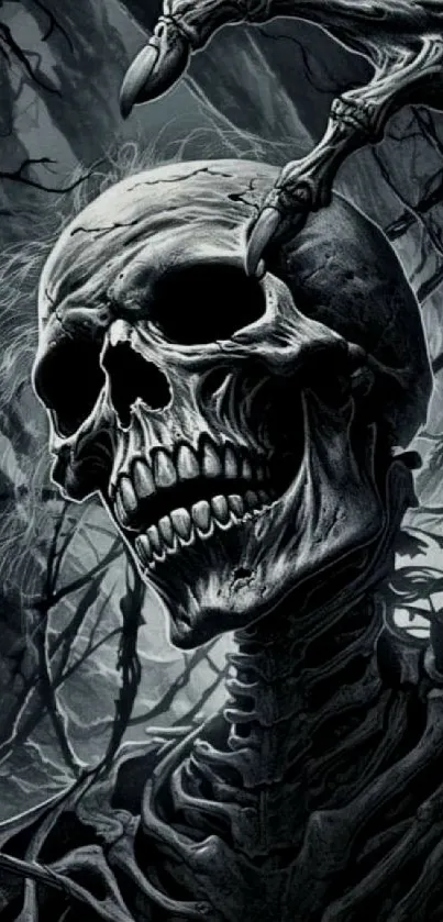 Dark skeleton art wallpaper with gothic elements.