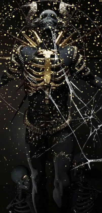 Dark skeleton figure with mystical aura on black background.