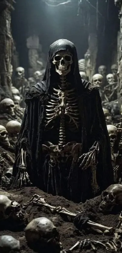 Skeleton in a dark dungeon surrounded by bones.