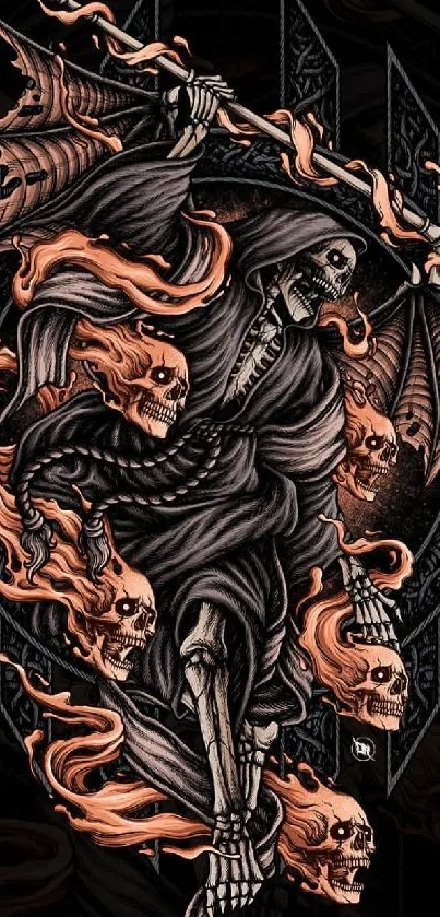 Dark skeleton holding fiery skulls, fantasy art wallpaper.