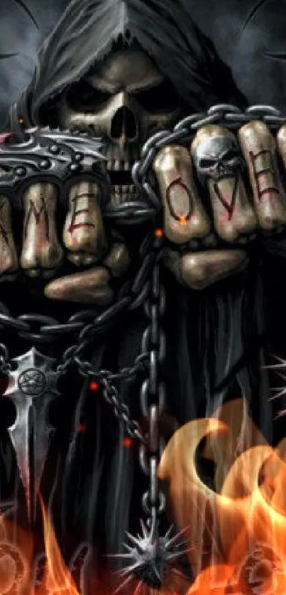 Dark skeleton with 'Game Over' text in a gothic gaming theme.