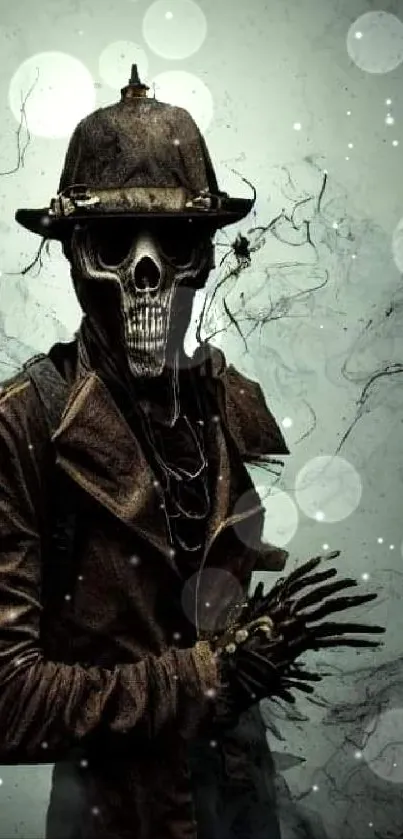 A smoky, dark skeleton figure wearing a hat.