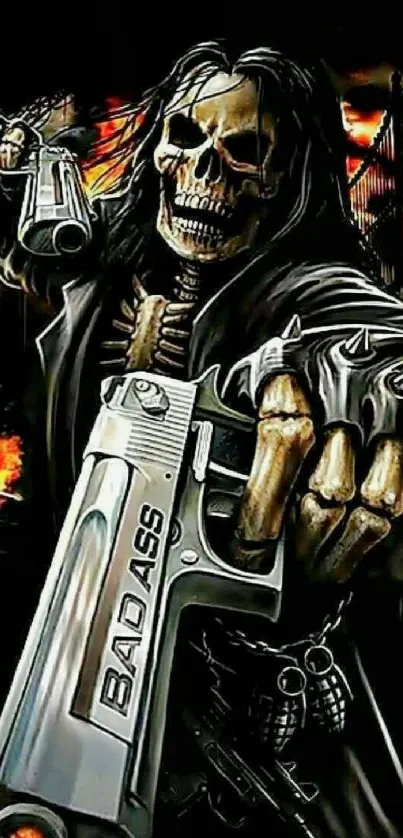 Skeleton with gun and fiery background on phone wallpaper.