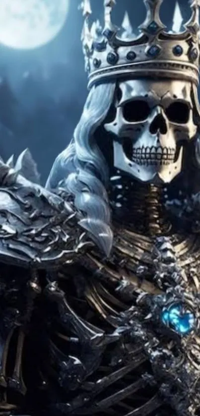 Skeleton king with crown in dark armor under moonlight.