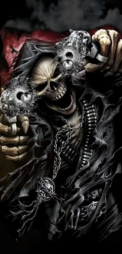 Dark skeleton with guns in intense wallpaper art.