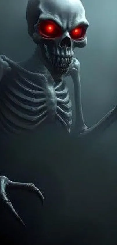 Dark, eerie skeleton with glowing eyes