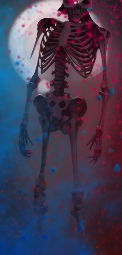 Skeleton art in blue and red moonlit scene with vibrant colors.