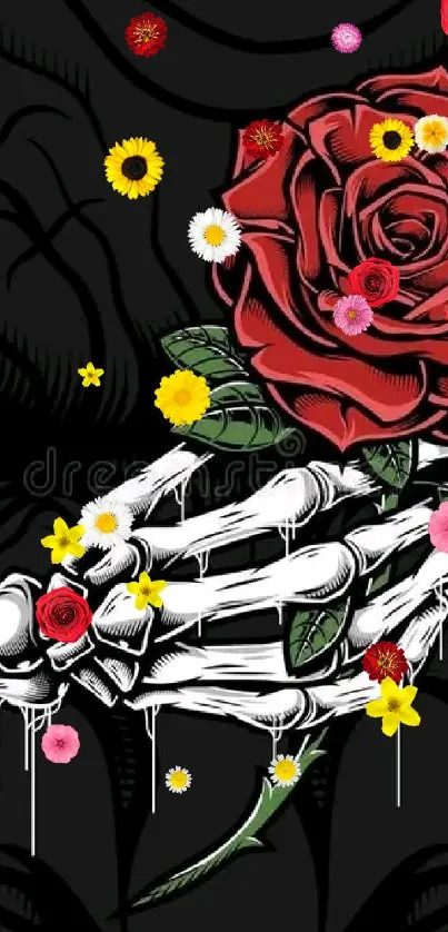 Skeleton hand holding a red rose on dark background.