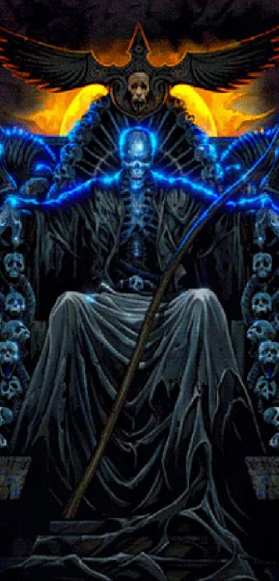 Gothic skeleton on throne in neon blue with skull decorations.