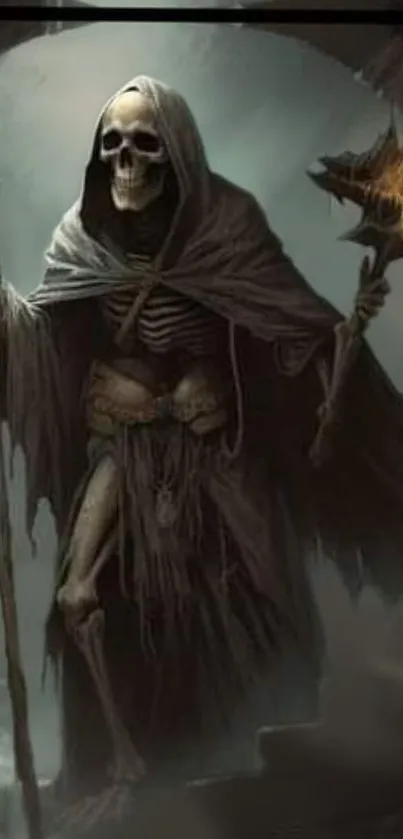 Dark skeleton warrior in gothic robe holding weapon