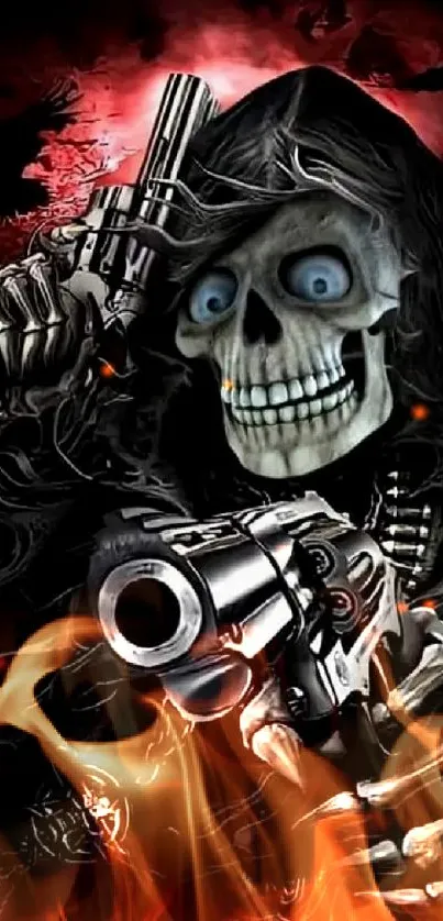 Dark skeleton holding guns with a red background.