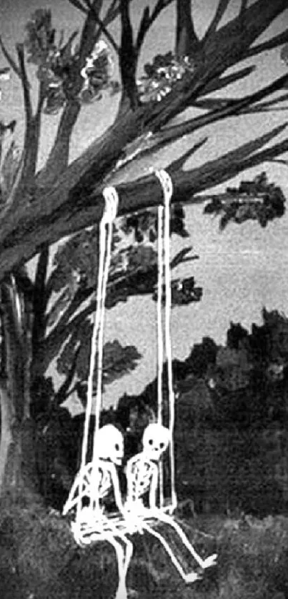 Skeletons on a swing beneath a tree in monochrome art.