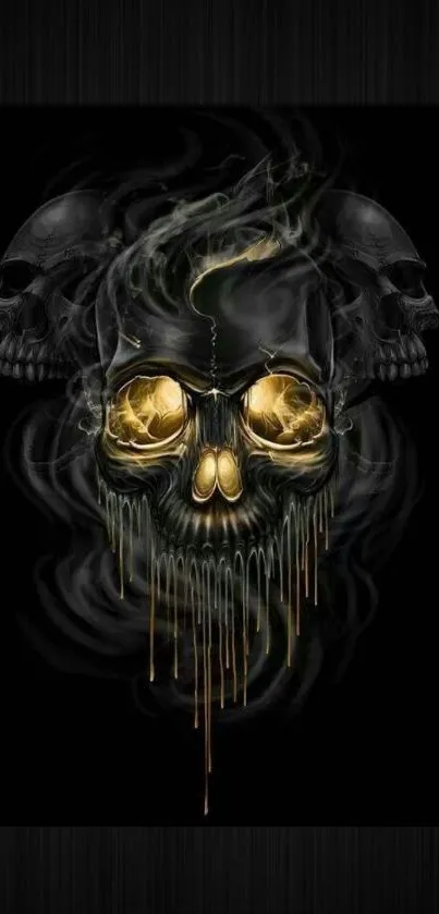 Dark skull wallpaper with glowing eyes and smoky patterns.