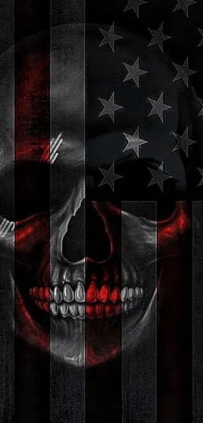 Gothic skull with American flag overlay on wallpaper