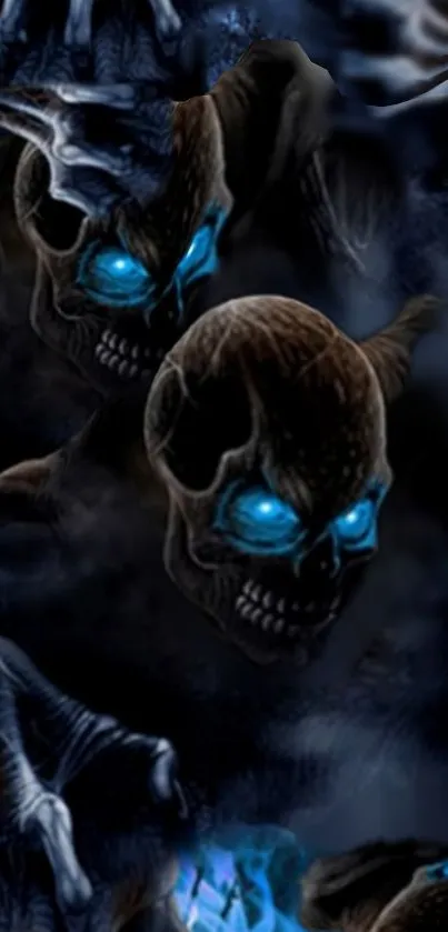 Dark skull wallpaper with glowing blue eyes on a black background.