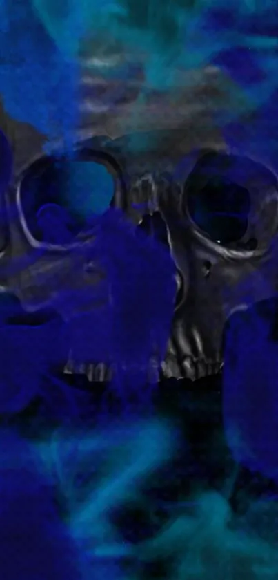 Dark skull surrounded by vivid blue smoke on a mobile wallpaper.