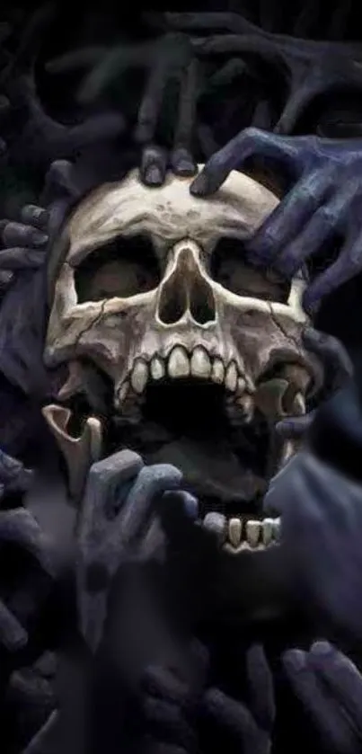 Mobile wallpaper featuring a skull surrounded by dark hands in a gothic style.