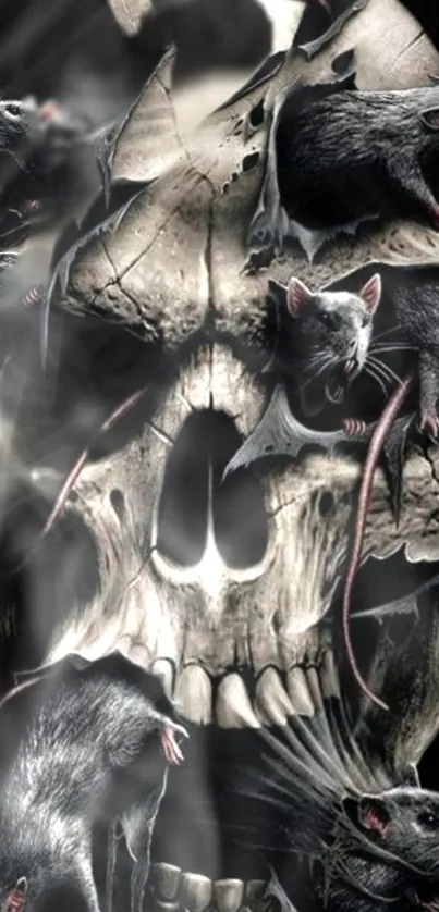 Dark themed wallpaper with a skull and rats art.