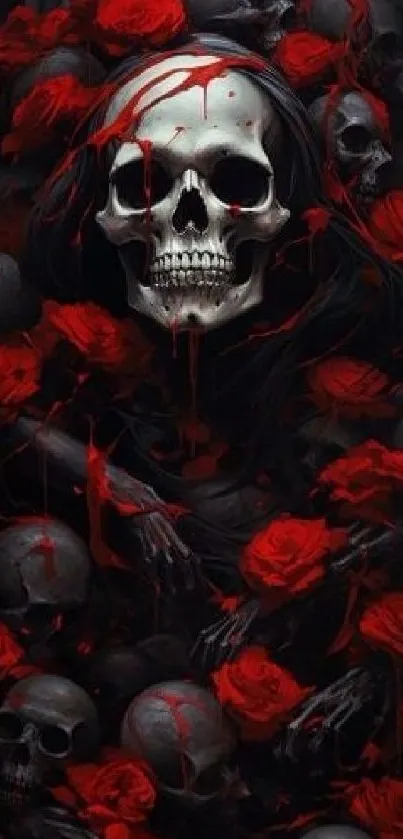 Dark skull and red roses mobile wallpaper.