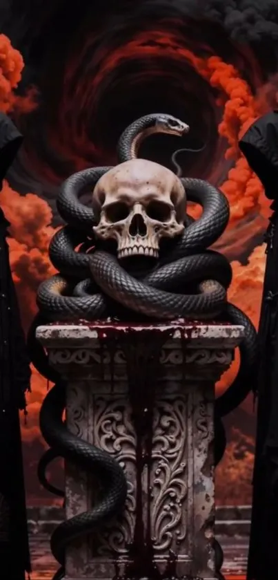 Skull entwined with a serpent against a fiery background, flanked by dark figures.