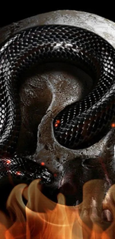 Dark snake entwined around a skull on black background.