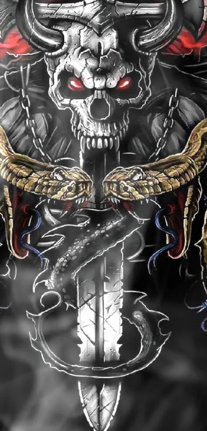 Dark theme wallpaper with skull, snakes, and sword motif.