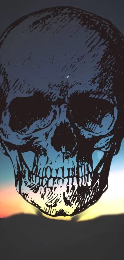 Dark skull overlay on sunset sky wallpaper.