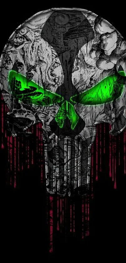 Dark skull mobile wallpaper with green eye highlights.